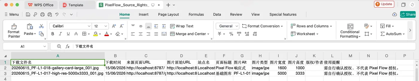 Source and rights clue spreadsheet exported by Pixel Flow