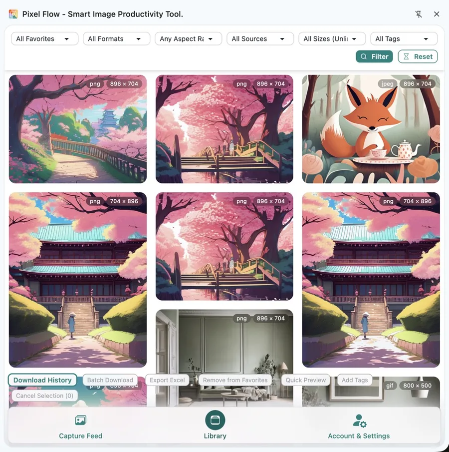 Pixel Flow Library managing favorited images with filters