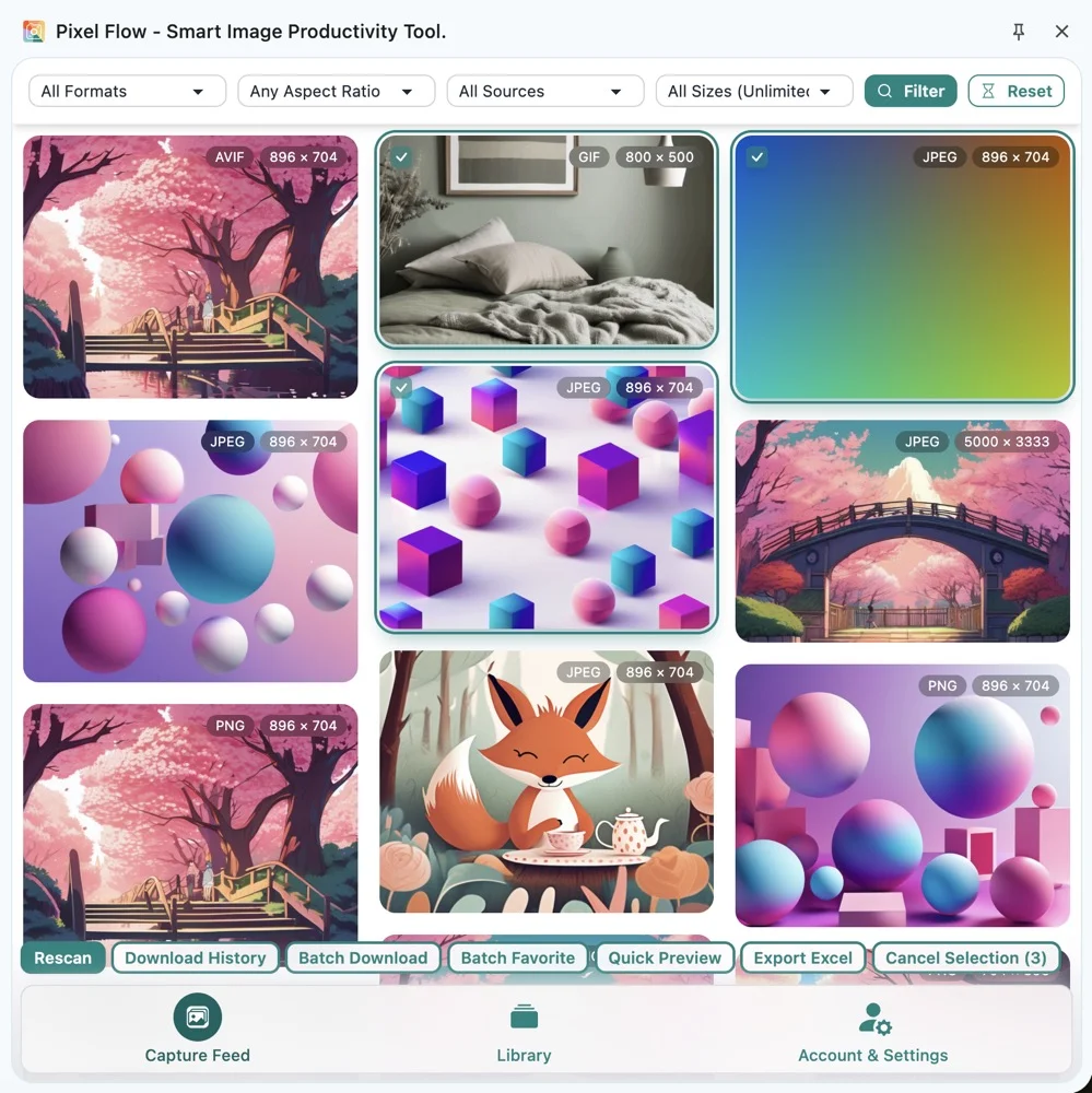 Pixel Flow capture feed with selected images and bottom actions for rescan, download history, batch download, batch favorite, quick preview, Excel export, and cancel selection