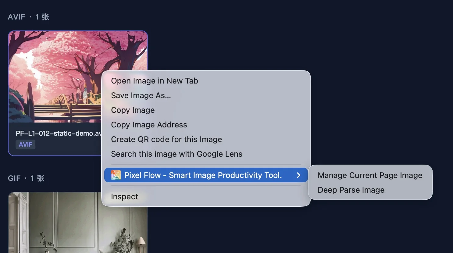 Pixel Flow Deep Parse Image entry in the Chrome image context menu