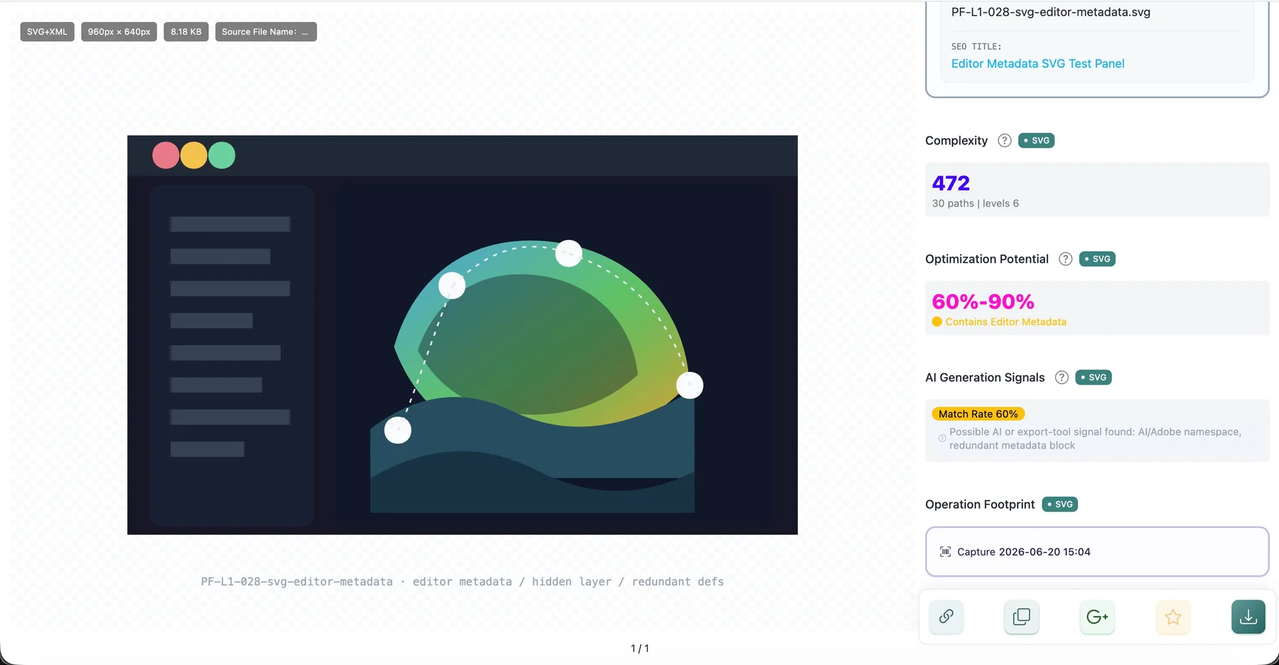 Pixel Flow preview page showing SVG complexity, optimization potential, and AI generation signal hints
