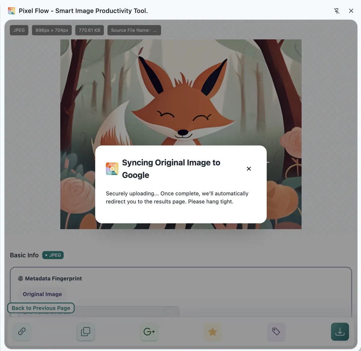 Pixel Flow image detail view showing the Google reverse image search action