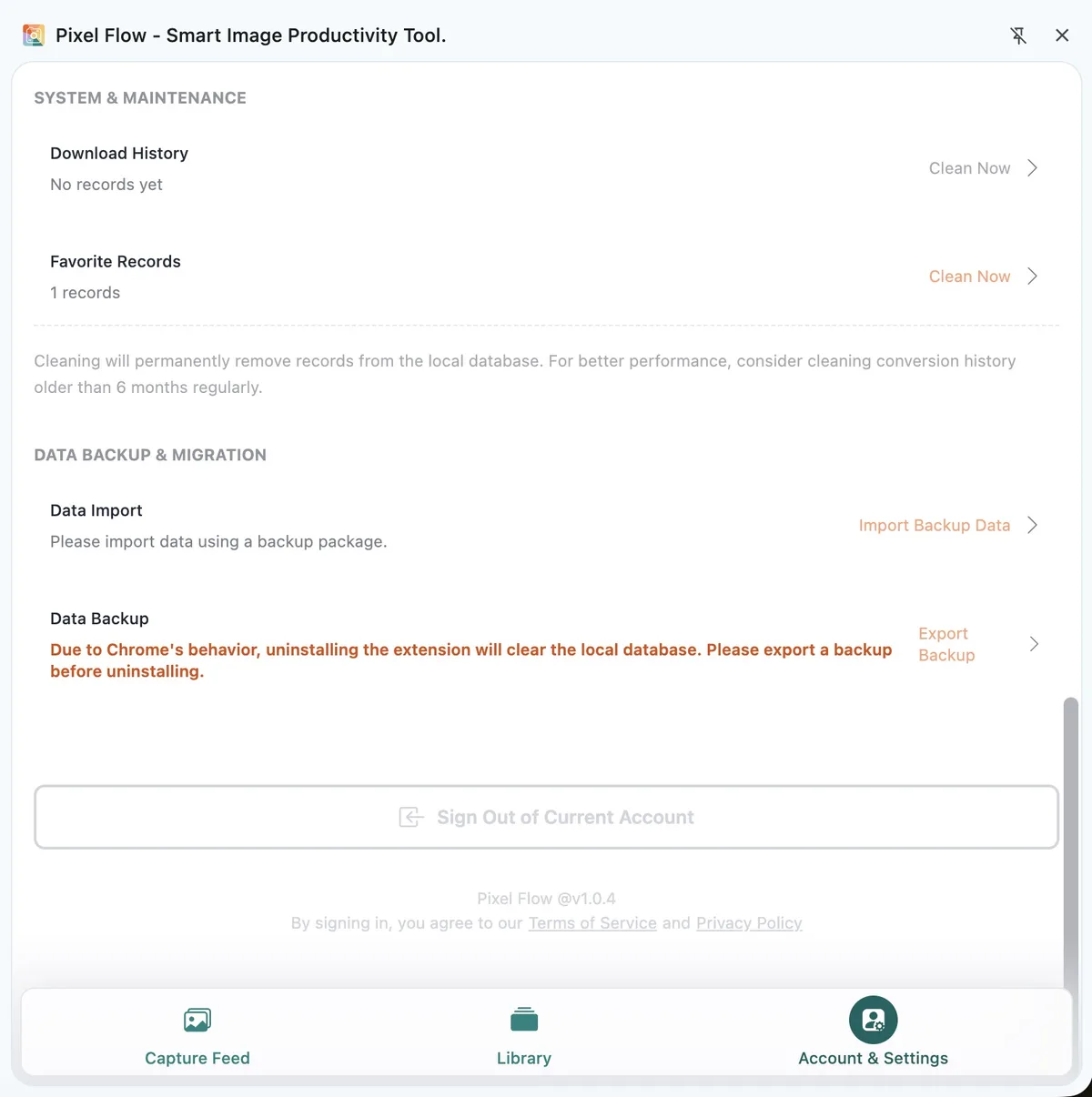 Pixel Flow Account and Settings showing the Data Backup and Migration section