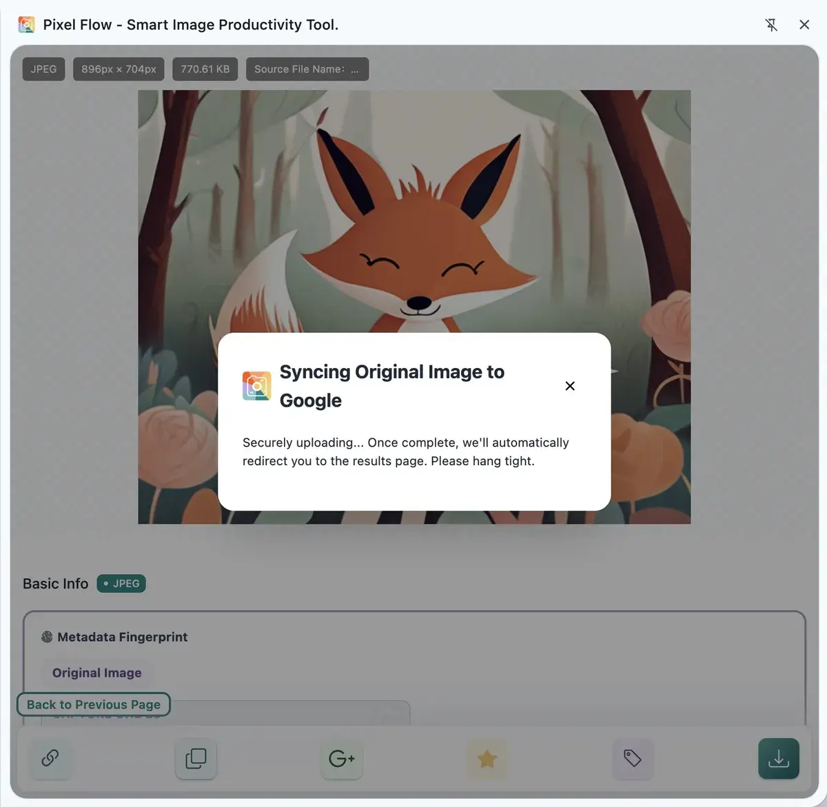 Pixel Flow image detail page showing a Google reverse image search sync prompt