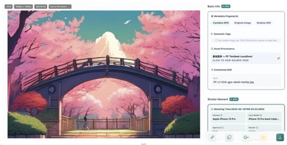 Pixel Flow showing an image with location information and GPS coordinates