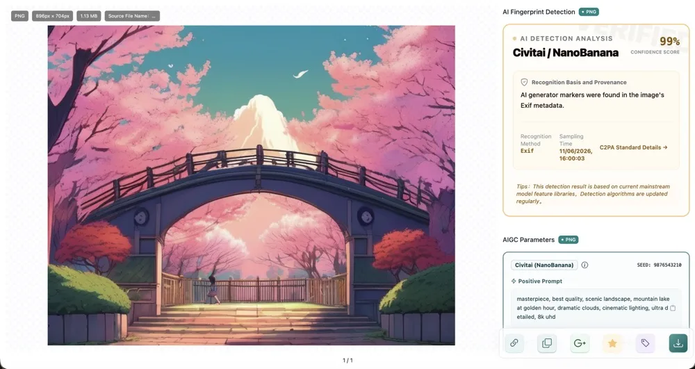 Pixel Flow Preview page showing an image preview, AI fingerprint detection result, and AIGC parameter panel