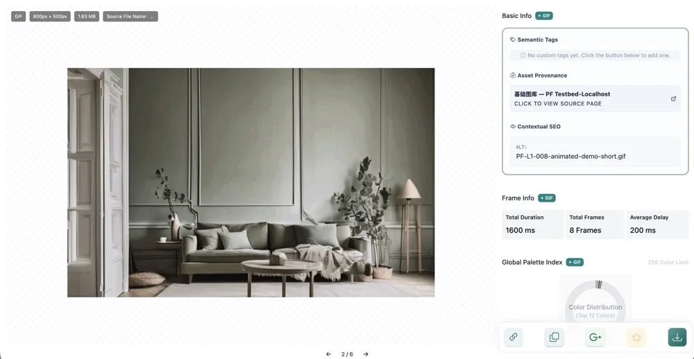 Pixel Flow Preview page with a large image on the left and image details, source records, and analysis panels on the right