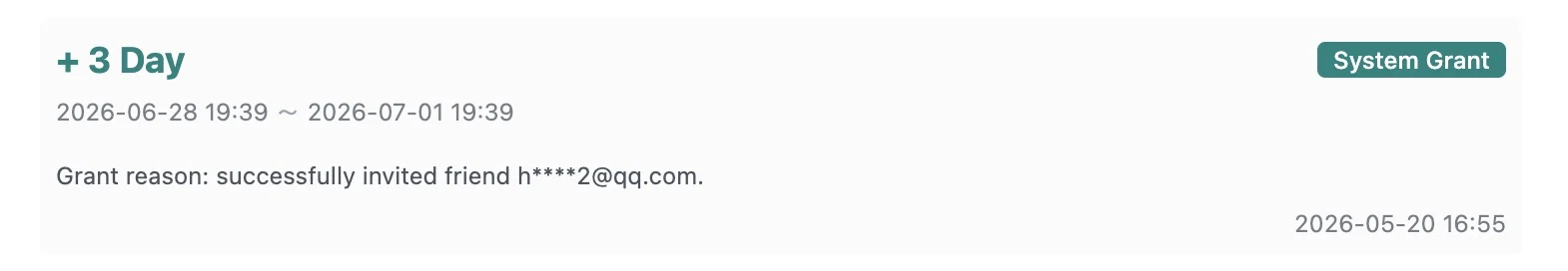Successful invite system grant record with a masked invited account