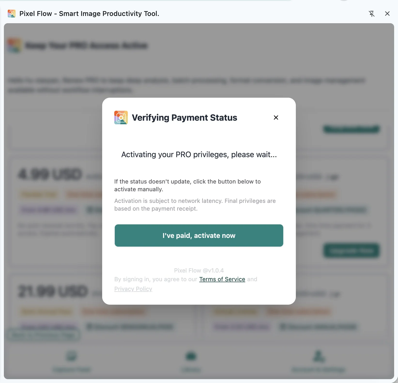 Pixel Flow verifying payment status dialog