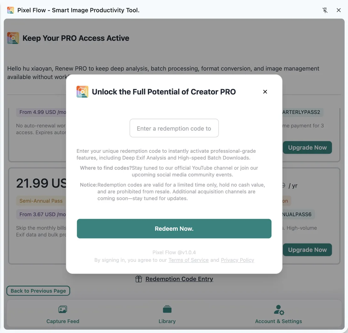 Pixel Flow redemption code dialog with a redemption code field and Redeem Now button