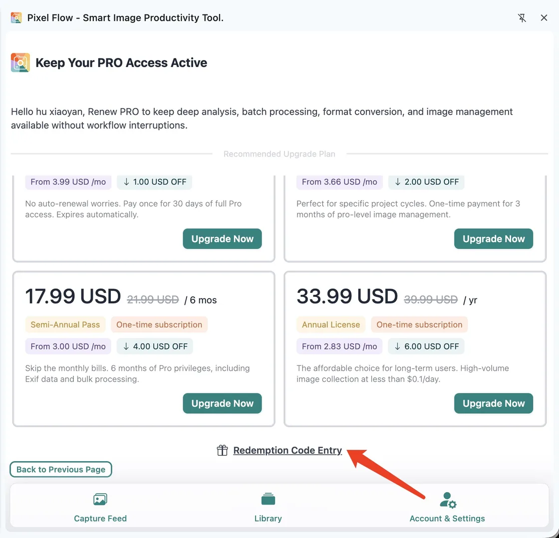 Pixel Flow upgrade page showing the Redemption Code Entry near the bottom