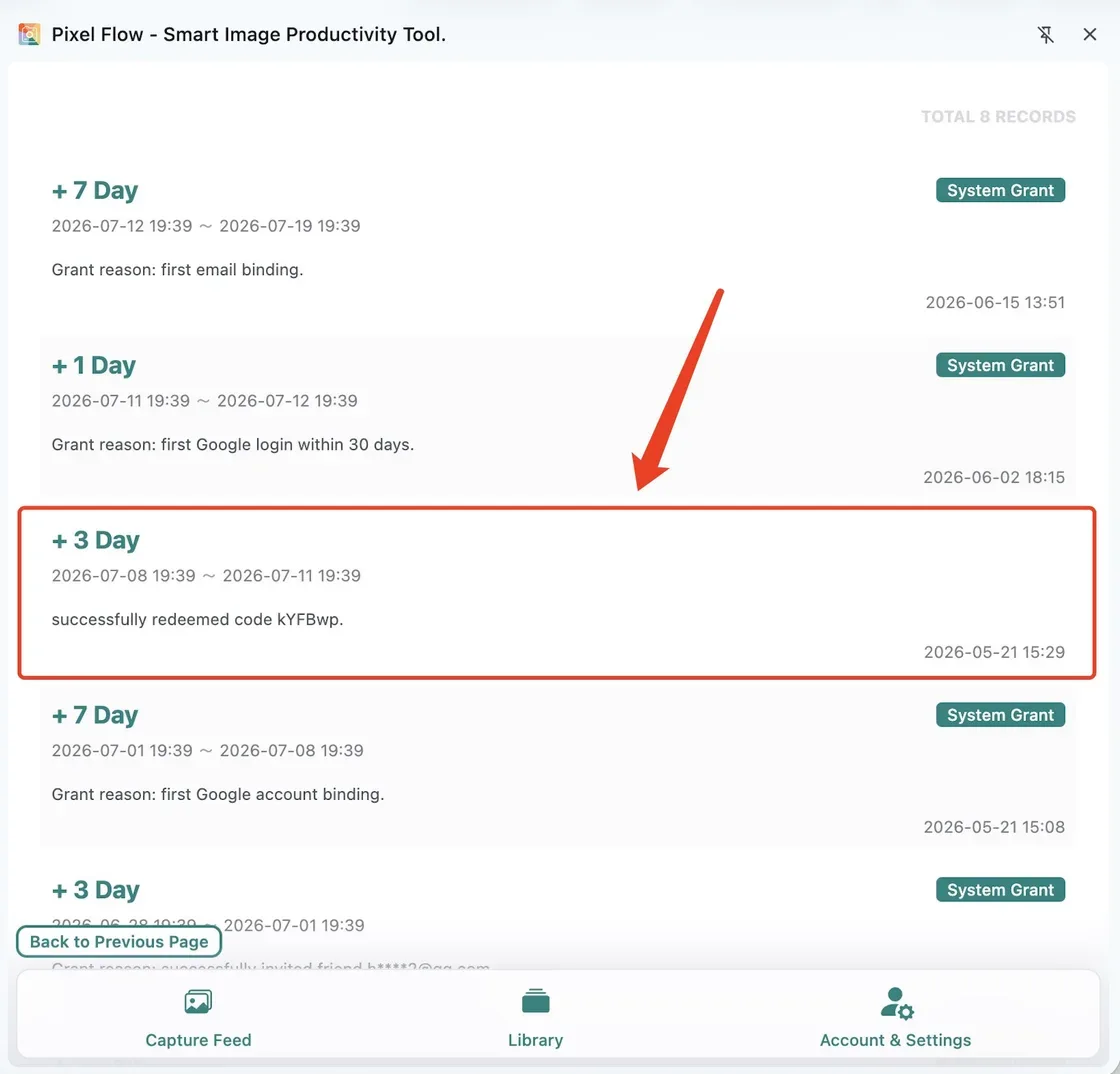 Pixel Flow PRO records page highlighting a successfully redeemed code record