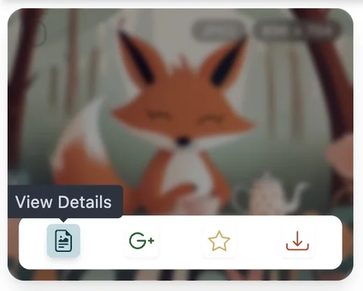Pixel Flow image card toolbar showing actions for view details, Google reverse image search, favorite, and download